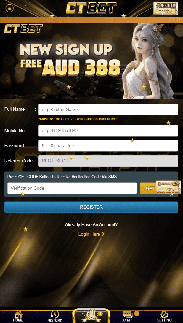 A view of the CTBET sign up screen, as explored in our CTBET Casino review