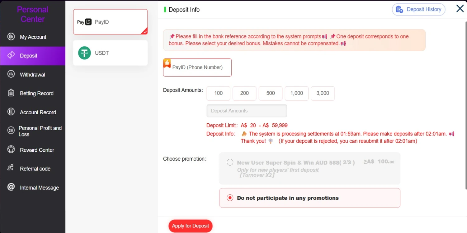 TokenAud PayID Email deposit panel showing the A$20 to A$59,999 deposit range, preset AUD amounts, promotion selection and Apply for Deposit