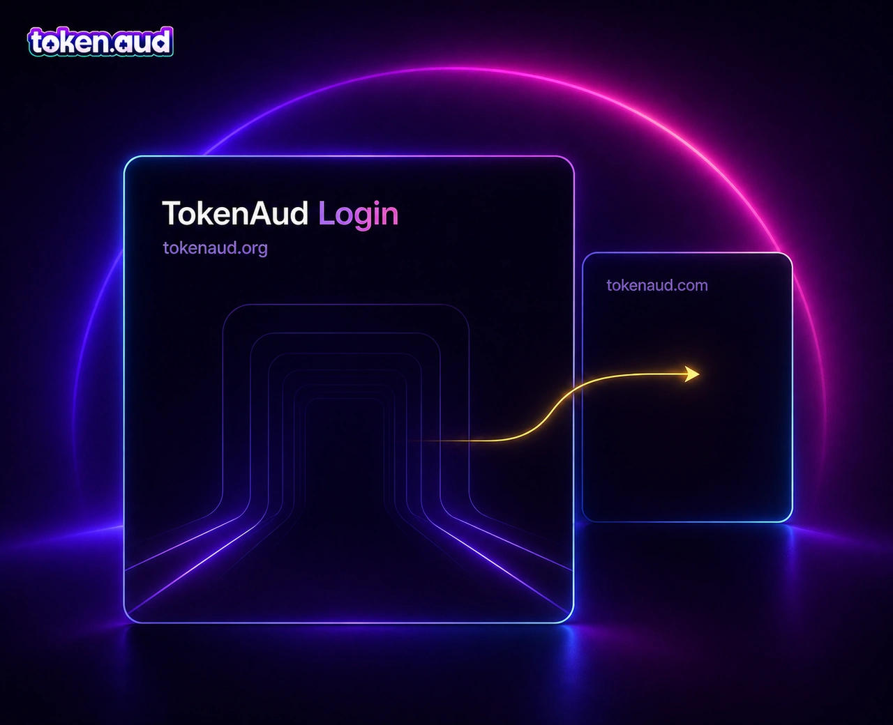 Official TokenAud Login page on TokenAud.org connecting to account sign-in on TokenAud.com