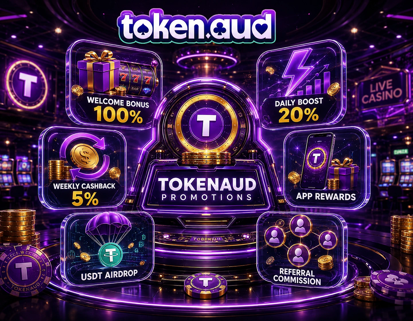TokenAud promotion lobby featuring welcome, daily boost, cashback, App, USDT and referral rewards