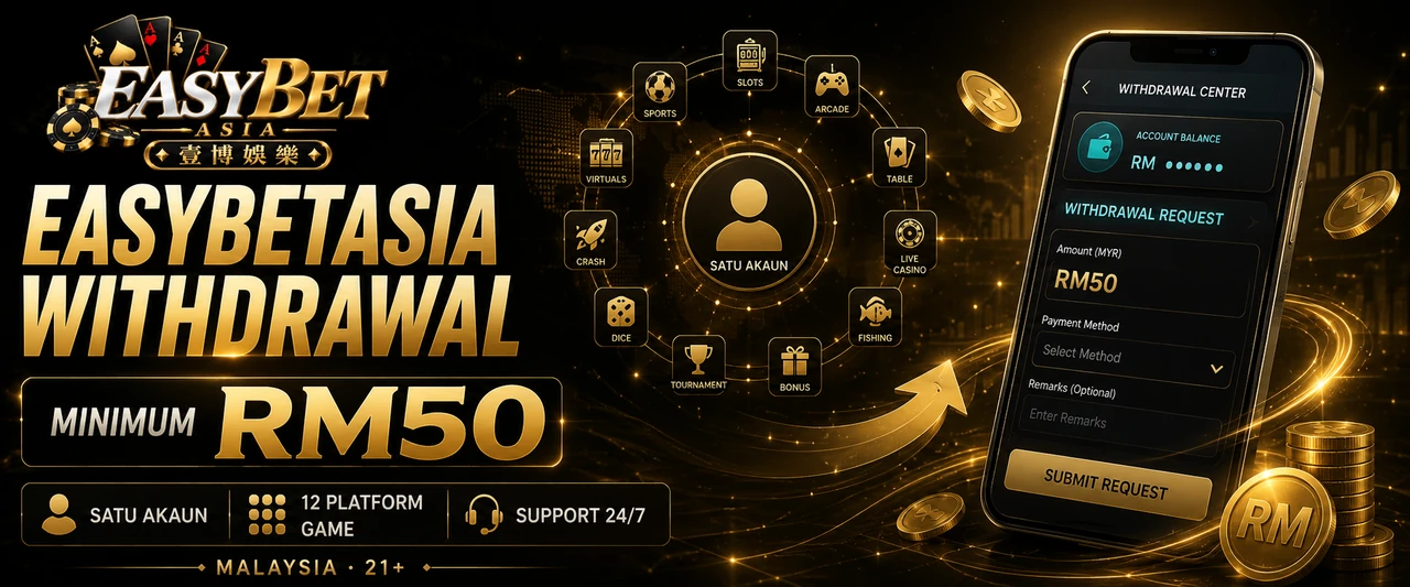 Paparan permohonan withdrawal EASYBETASIA Malaysia dengan minimum pengeluaran RM50 dan support 24/7