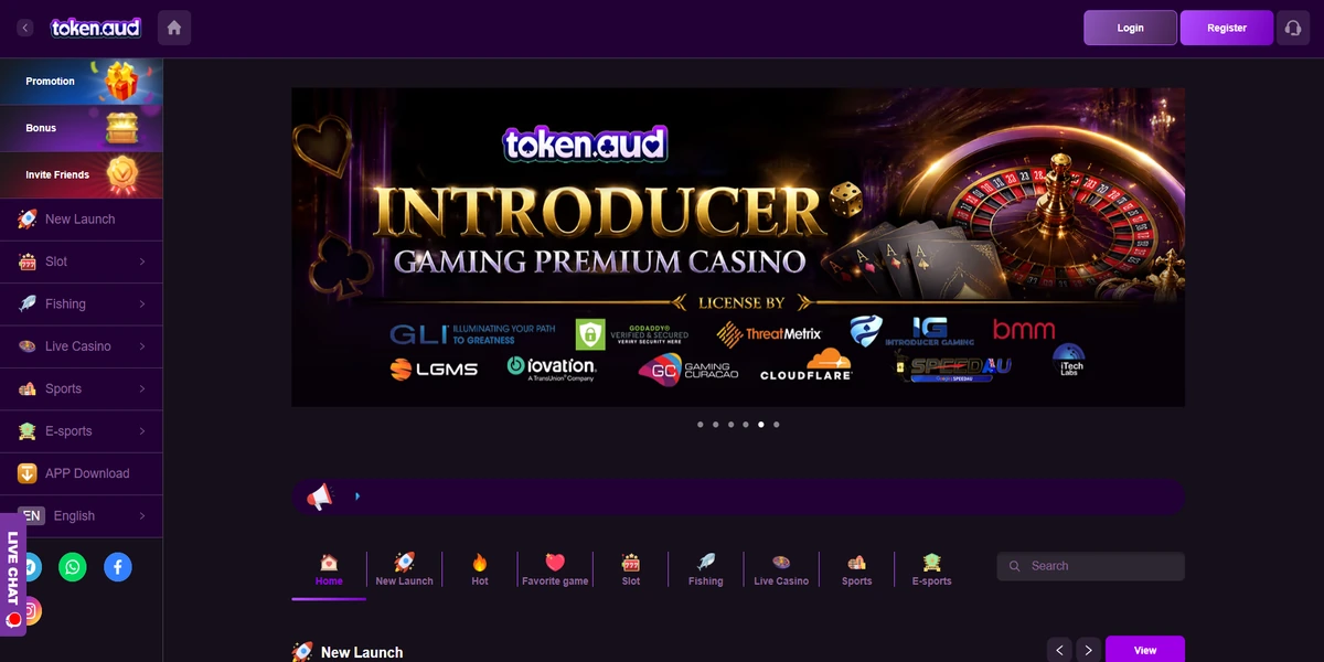 TokenAud platform lobby showing game categories and titles