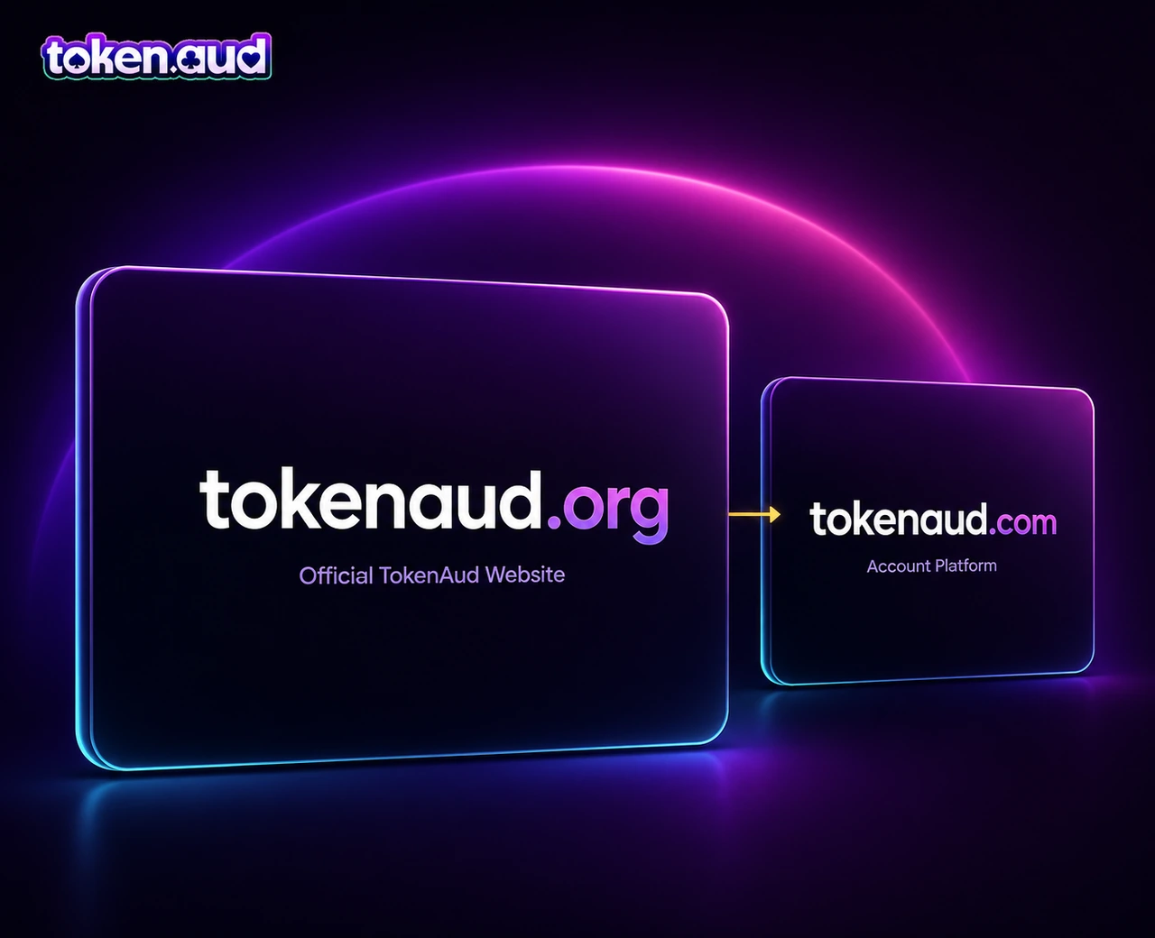 Official TokenAud website structure showing TokenAud.org as the brand website and TokenAud.com as the account platform