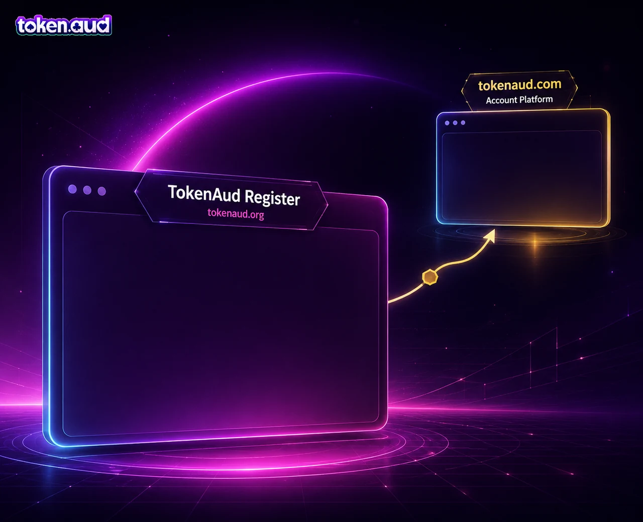 Official TokenAud Register page on TokenAud.org connecting to account creation on TokenAud.com
