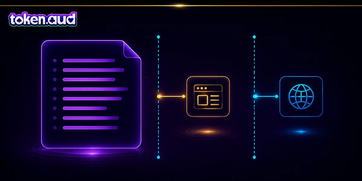 Three-part scope diagram — information published on TokenAud.org, the connected live environment, and external destinations reached by leaving the website
