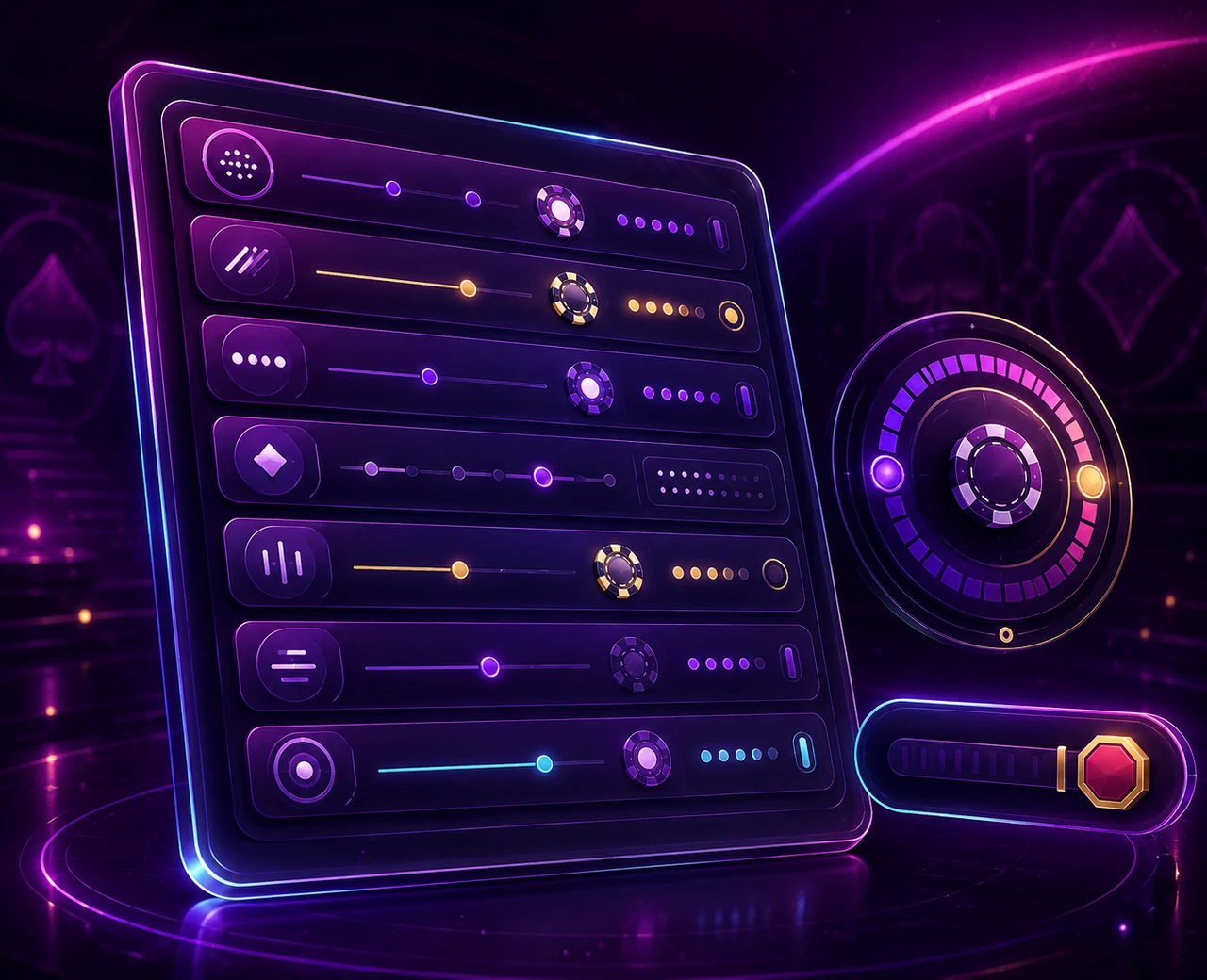 Abstract TokenAud rules control panel showing bonus condition fields, a turnover dial and withdrawal cap markers