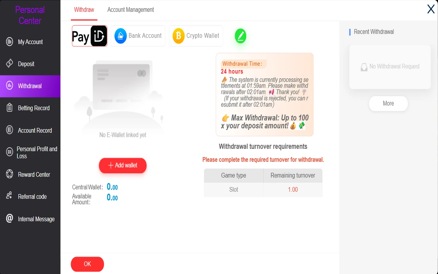 TokenAud.com Withdrawal panel showing PayID, Bank Account and Crypto Wallet tabs, the 24-hour withdrawal time, the settlement notice, the 100 times maximum rule, withdrawal turnover requirements and Recent Withdrawal