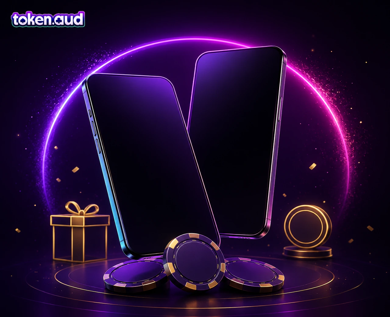 TokenAud App access shown as two device download routes with a rewards panel