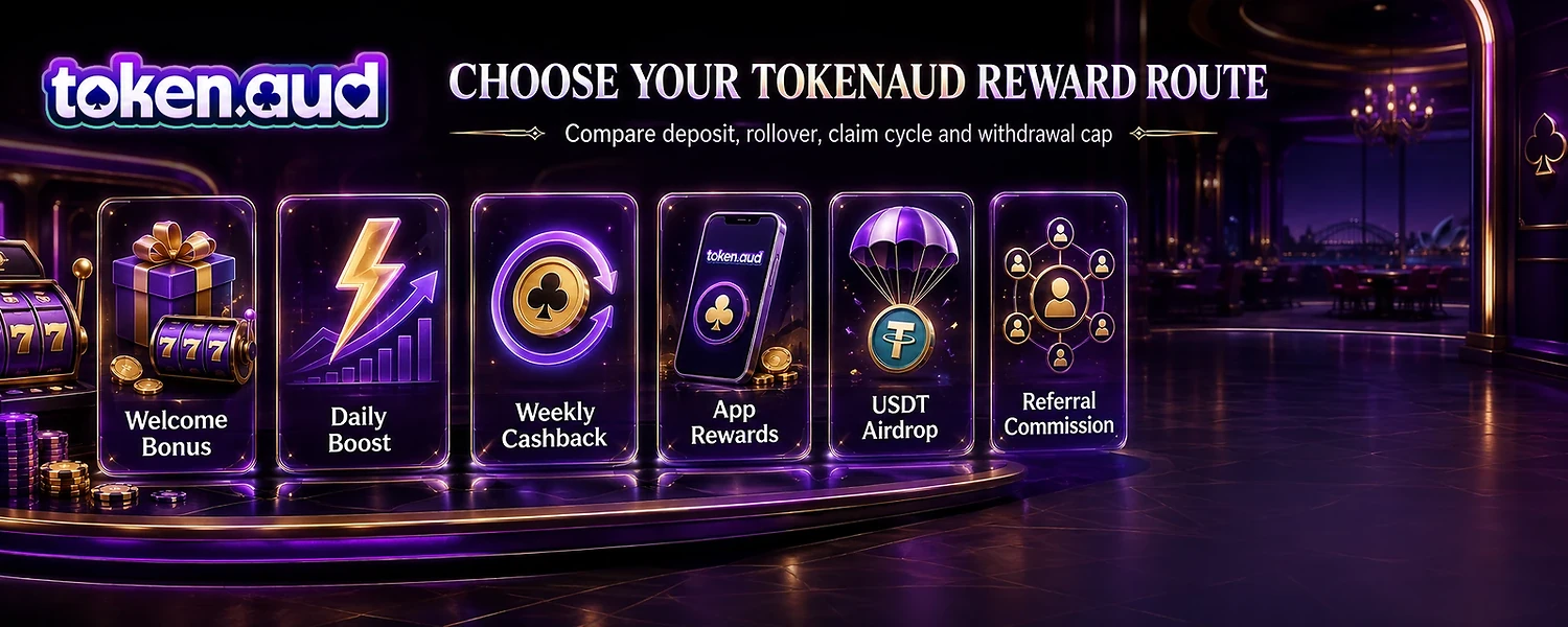 TokenAud promotion overview showing welcome, daily boost, cashback, App, USDT and referral reward routes