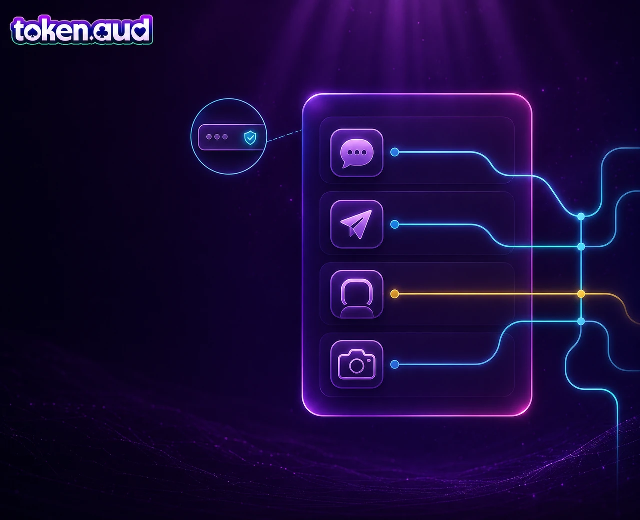 TokenAud official support directory panel routing to the confirmed WhatsApp, Telegram, Facebook and Instagram channels with a URL check cue