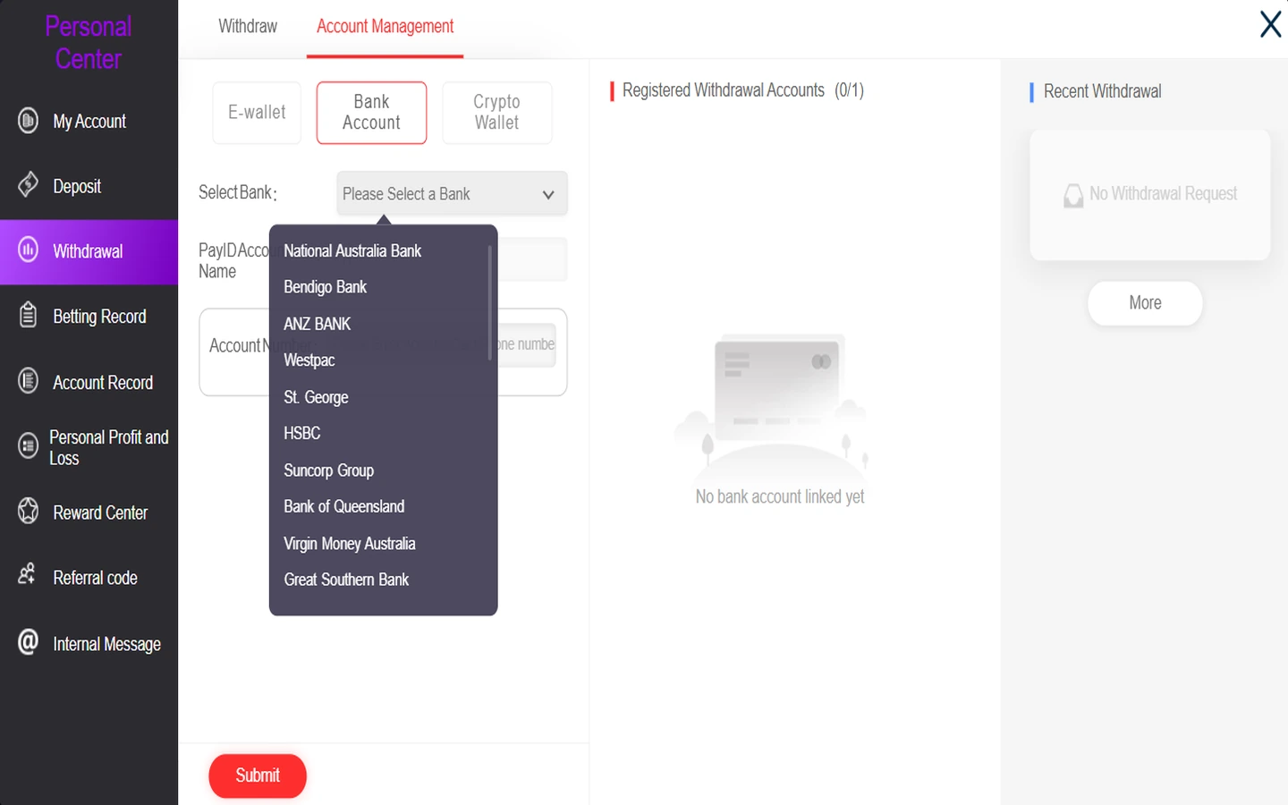 TokenAud Account Management Bank Account tab with the Select Bank dropdown open showing Australian bank entries