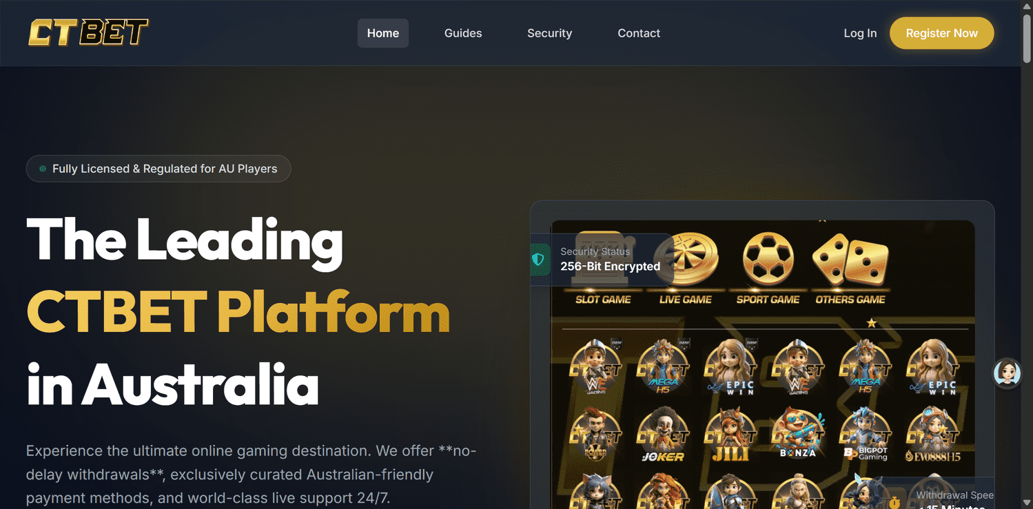 A view of the CTBET homepage seen during our CTBET Casino review