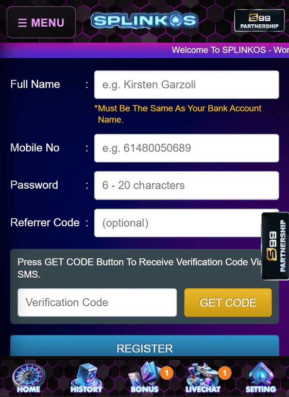 A view of the SPLINKOS sign up screen, as explored in our SPLINKOS Casino review