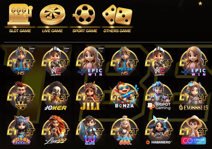 A preview of the games catalogue at CTBET