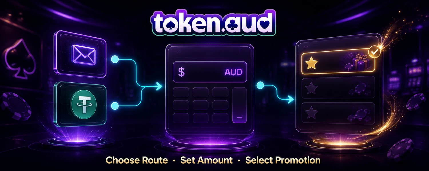 TokenAud deposit flow shown as route selection, amount entry and promotion choice leading to the account platform