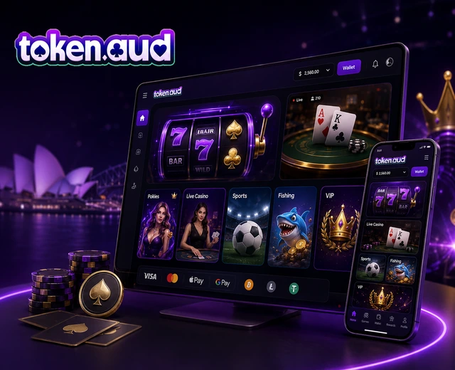 TokenAud branded visual for pokies, live casino and sports